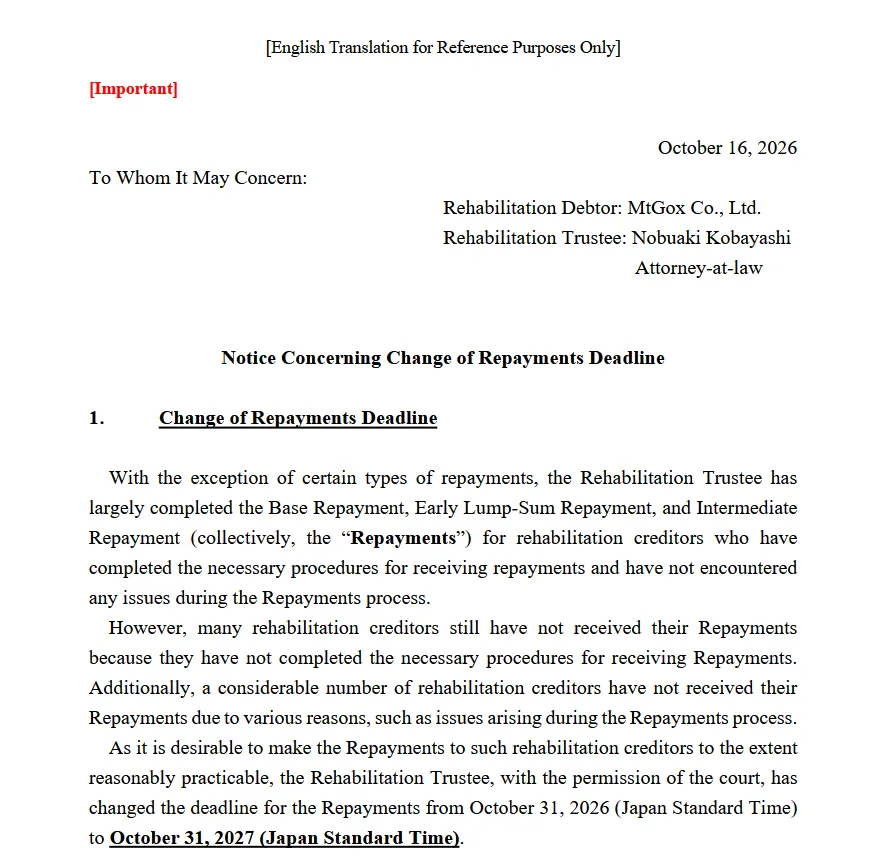 Mt. Gox pushes repayment deadline back another year to Oct. 31, 2027