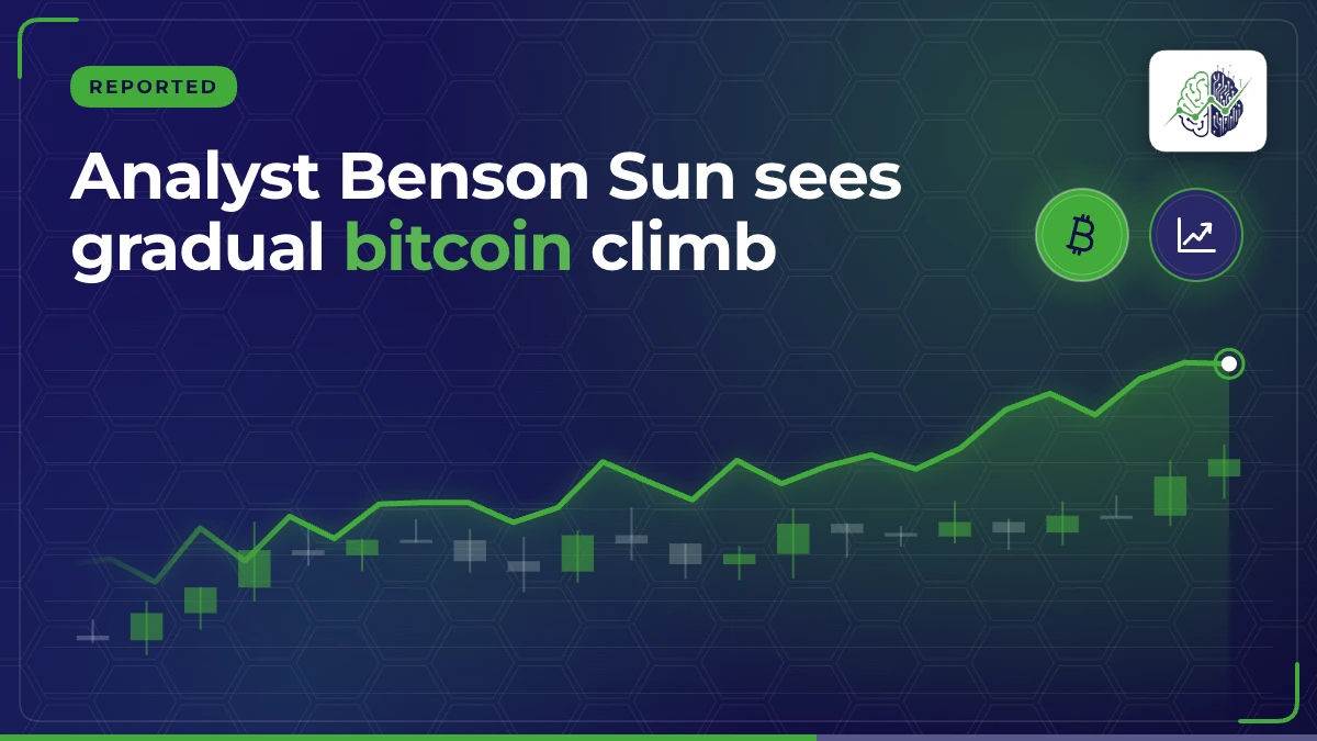 Illustration: “Analyst Benson Sun sees gradual bitcoin climb”, with bitcoin, chart up icons in InvestIn.News colours