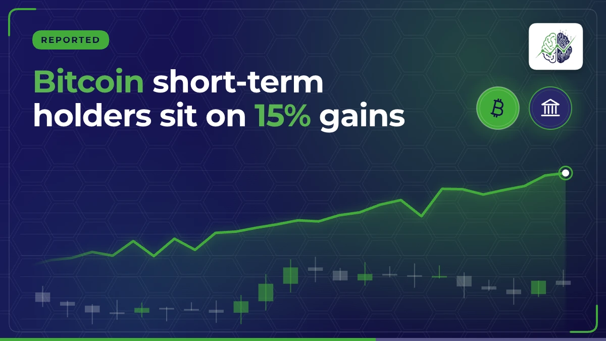 Illustration: “Bitcoin short-term holders sit on 15% gains”, with bitcoin, bank icons in InvestIn.News colours