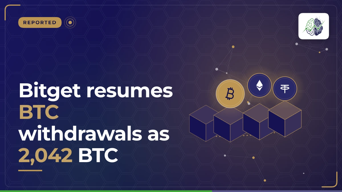 Illustration: “Bitget resumes BTC withdrawals as 2,042 BTC”, with bitcoin, ether, tether icons in InvestIn.News colours