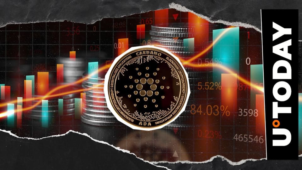 Cardano ADA token chart showing a one-year decline, with a trading screen in the background