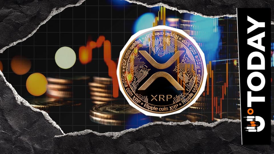 A trading chart showing XRP price falling during a crypto market selloff, with liquidation data displayed alongside.