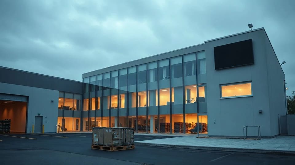 A semiconductor company office building with a bitcoin symbol fading from a balance sheet graphic