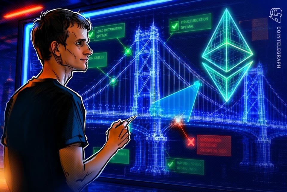Illustration of Ethereum co-founder Vitalik Buterin speaking beside the Ethereum logo and network nodes