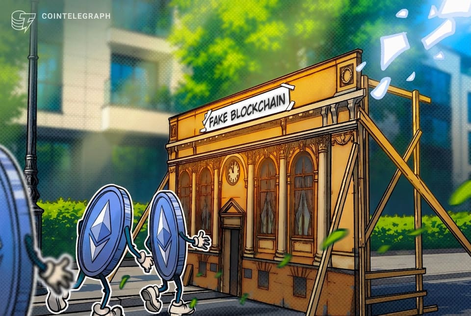 Illustration of a blockchain bridge interface with warning signs and ether tokens being diverted