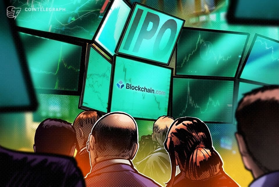 A crypto exchange logo on a screen above a trading floor, illustrating a company preparing for a public listing