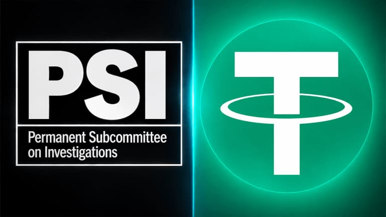 Illustration of a stablecoin token beside a map of Iran and official documents, representing a Senate report on crypto
