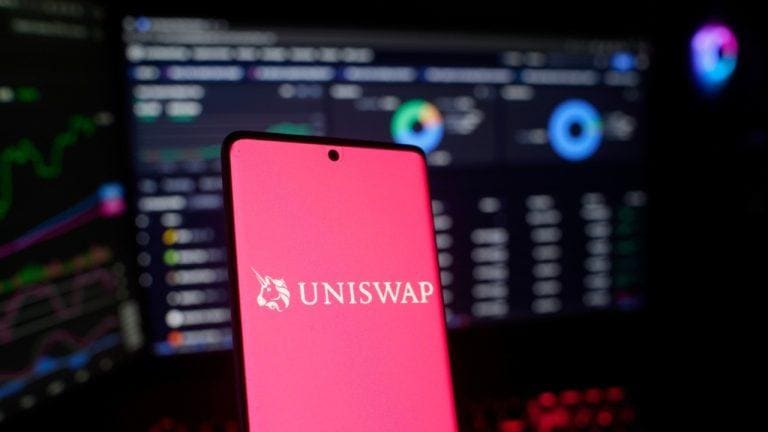 Trading chart showing tokenized stock volume on decentralised exchanges, with Uniswap branding in the background