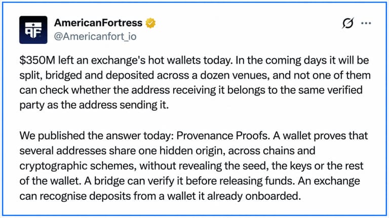 Illustration of a cryptographic proof linking two blockchain wallet addresses behind a shield