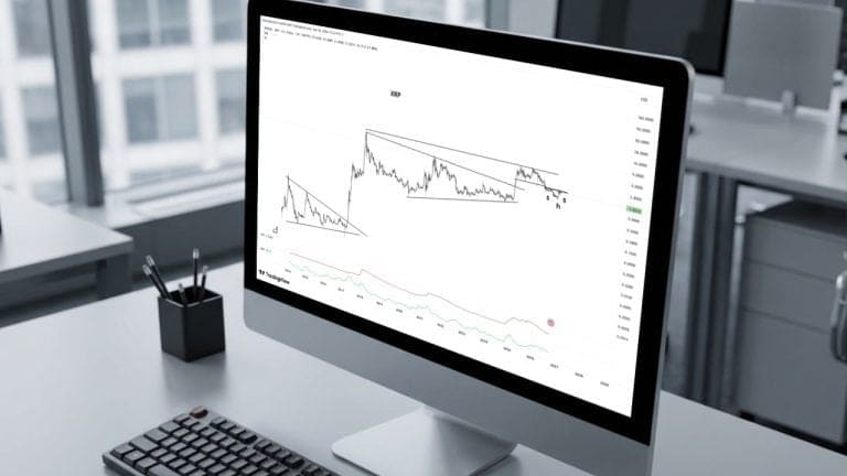 A long-term XRP price chart on a trading screen showing years of range-bound trading and recent declines