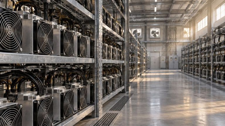 A bitcoin mining data centre with rows of server racks and cooling equipment.