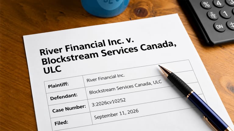 Illustration of a courtroom gavel beside the Blockstream logo and bitcoin symbols