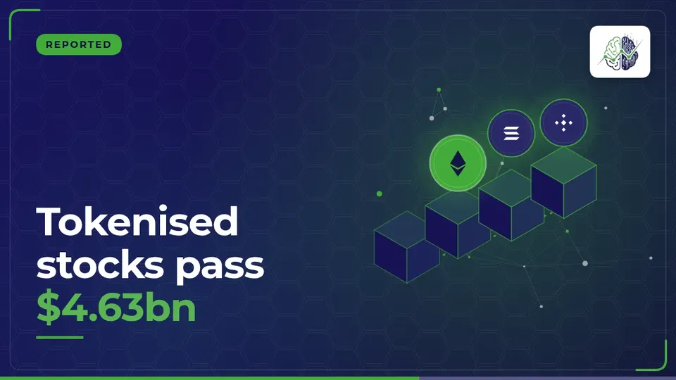 Illustration: “Tokenised stocks pass $4.63bn”, with ether, solana, bnb icons in InvestIn.News colours
