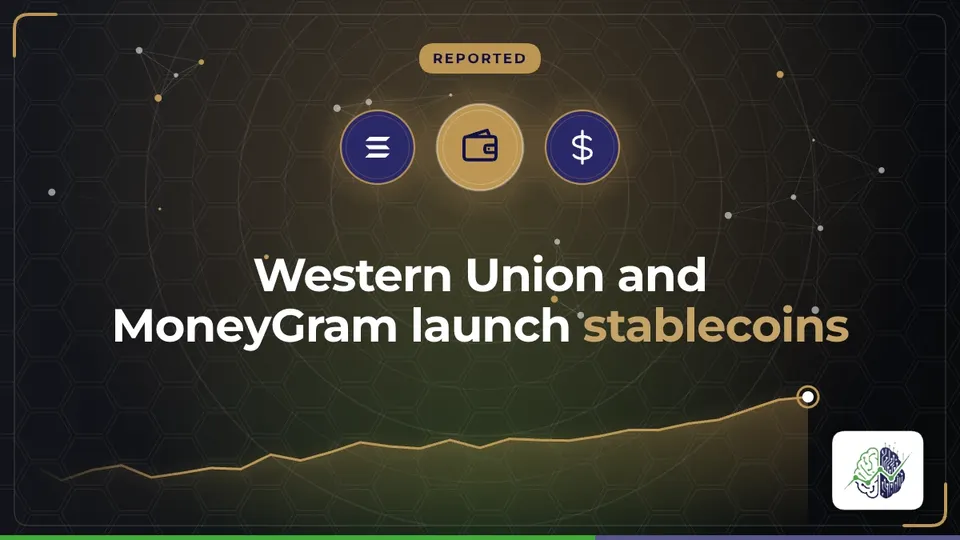 Illustration: “Western Union and MoneyGram launch stablecoins”, with solana, wallet, dollar icons in InvestIn.News colours