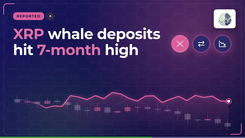 Illustration: “XRP whale deposits hit 7-month high”, with xrp, exchange arrows, chart down icons in InvestIn.News colours