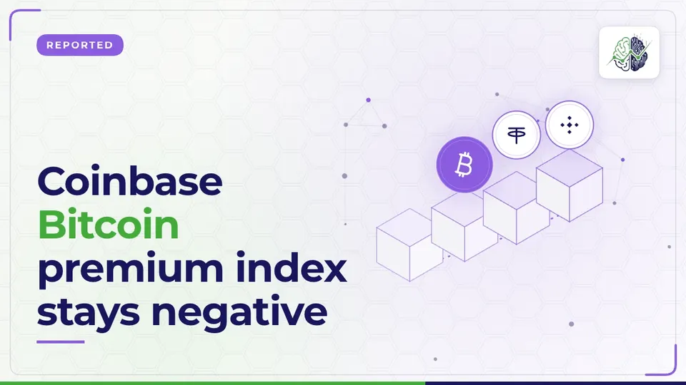 Illustration: “Coinbase Bitcoin premium index stays negative”, with bitcoin, tether, bnb icons in InvestIn.News colours