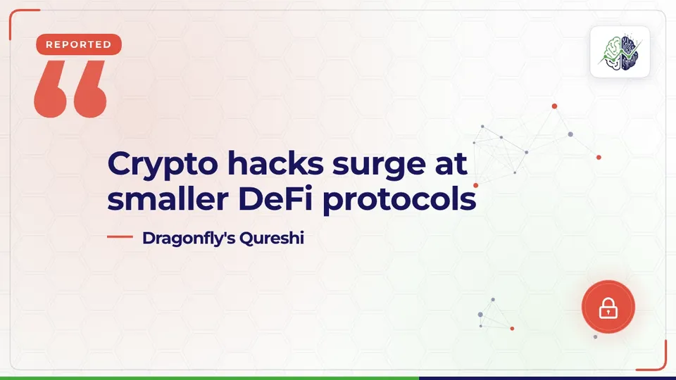 Illustration: “Qureshi says small DeFi hacks surge”, with lock, chart up, wallet icons in InvestIn.News colours