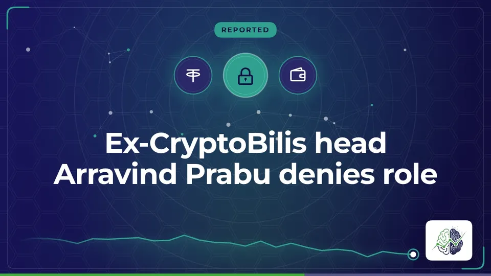 Illustration: “Ex-CryptoBilis head Arravind Prabu denies role”, with tether, lock, wallet icons in InvestIn.News colours