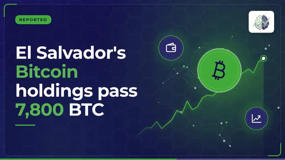 Illustration: “El Salvador's Bitcoin holdings pass 7,800 BTC”, with bitcoin, wallet, chart up icons in InvestIn.News colours