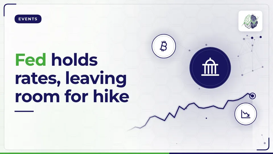 Illustration: “Fed holds rates, leaving room for hike”, with central bank, bitcoin, chart down icons in InvestIn.News colours