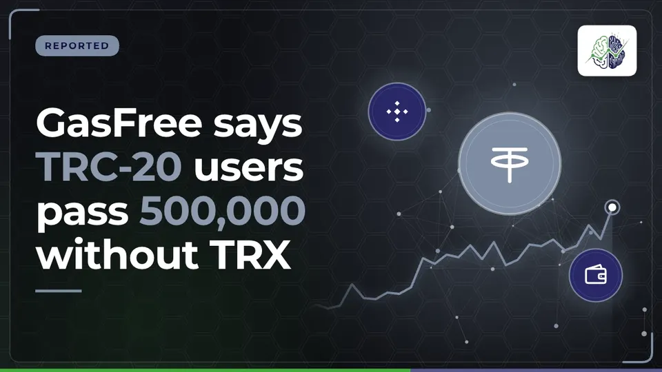 Illustration: “GasFree says TRC-20 users pass 500,000 without TRX”, with tether, bnb, wallet icons in InvestIn.News colours