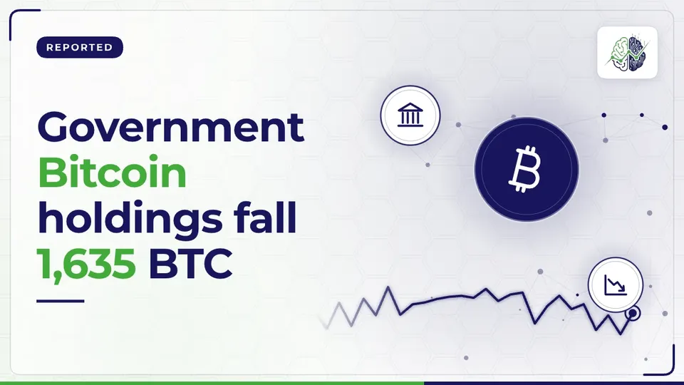 Illustration: “Government Bitcoin holdings fall 1,635 BTC”, with bitcoin, bank, chart down icons in InvestIn.News colours