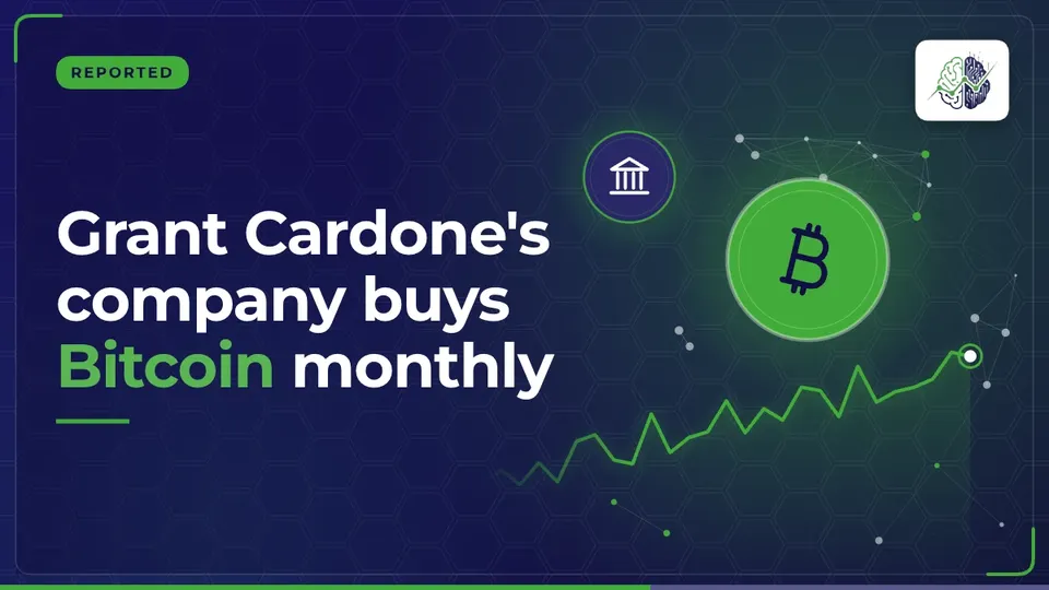 Illustration: “Grant Cardone's company buys Bitcoin monthly”, with bitcoin, bank icons in InvestIn.News colours