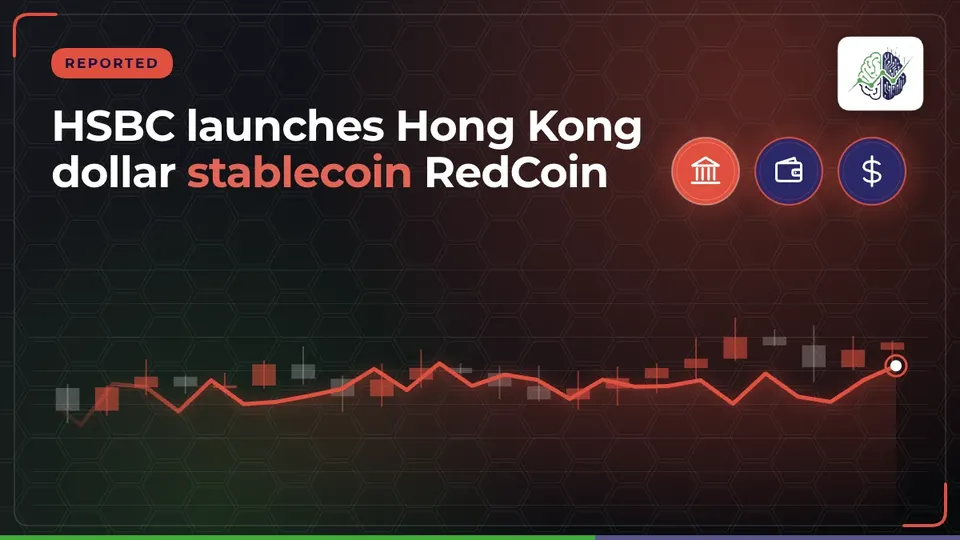Illustration: “HSBC launches Hong Kong dollar stablecoin RedCoin”, with bank, wallet, dollar icons in InvestIn.News colours