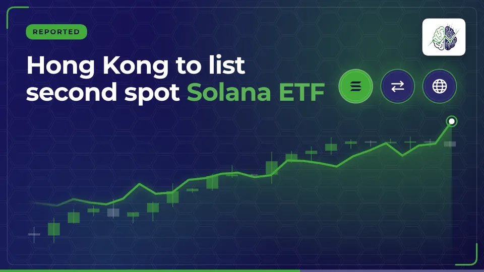Illustration: “Hong Kong to list second spot Solana ETF”, with solana, exchange arrows, globe icons in InvestIn.News colours