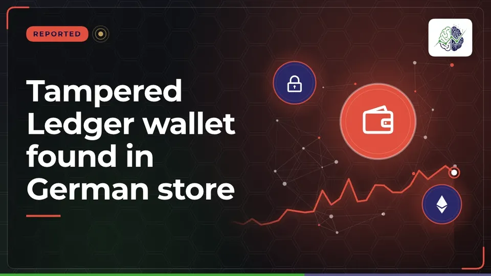 Illustration: “Tampered Ledger wallet found in German store”, with wallet, lock, ether icons in InvestIn.News colours