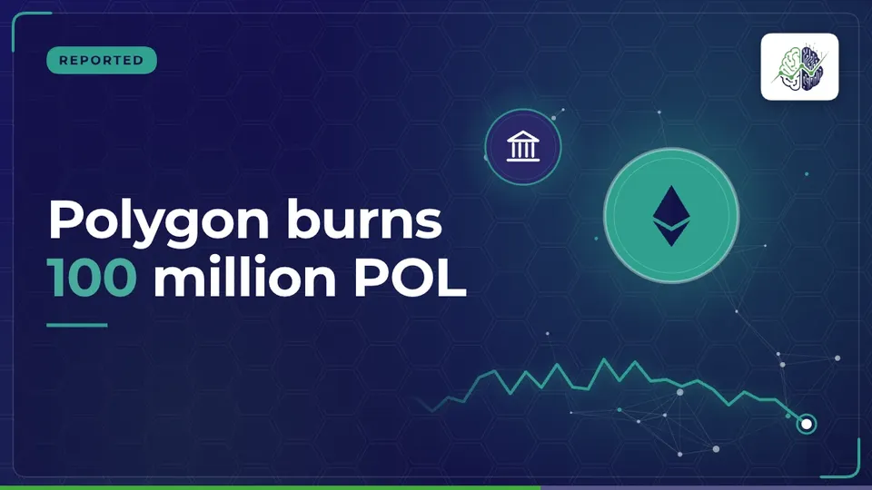 Illustration: “Polygon burns 100 million POL”, with ether, bank icons in InvestIn.News colours