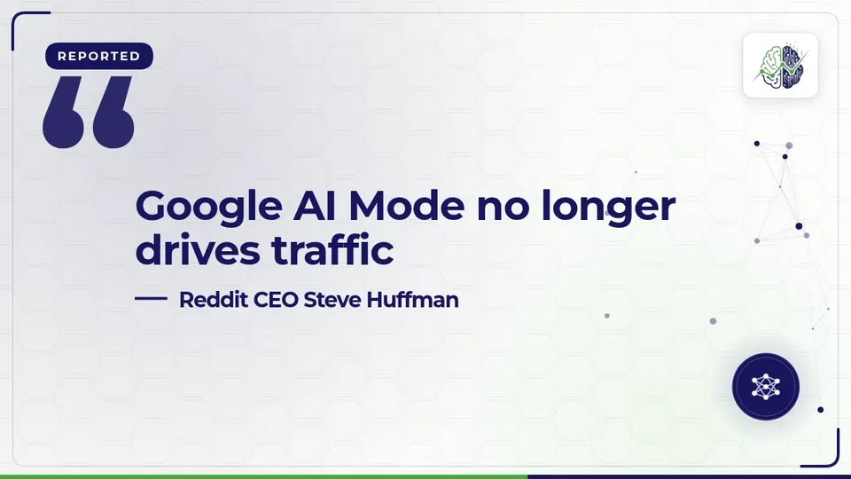 Illustration: “Google AI Mode no longer drives traffic”, with ai network, chart down, globe icons in InvestIn.News colours