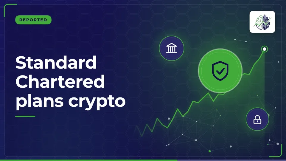 Illustration: “Standard Chartered plans crypto”, with regulator (shield), bank, lock icons in InvestIn.News colours
