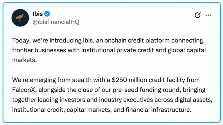 Picture from Bitcoin.com News for: Ibis launches with $250m FalconX credit facility for onchain lending