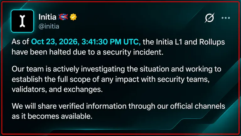 Picture from Bitcoin.com News for: Initia halts blockchain after hacker mints $2.7m in tokens, co-founder says