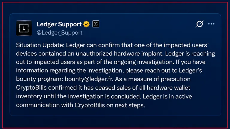 Picture from Bitcoin.com News for: Ledger confirms hardware implant in customer wallet after $93.4m losses