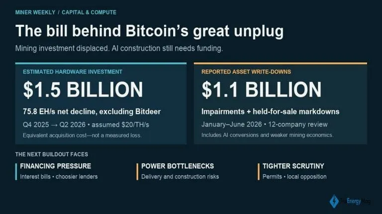 Rows of bitcoin mining rigs inside a data centre being converted for AI computing